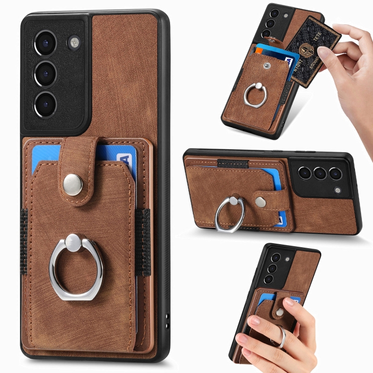 

For Samsung Galaxy S21 5G Retro Skin-feel Ring Card Wallet Phone Case(Brown)