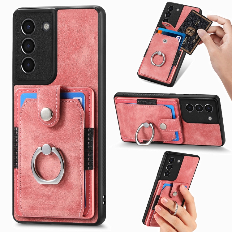 

For Samsung Galaxy S21 5G Retro Skin-feel Ring Card Wallet Phone Case(Pink)