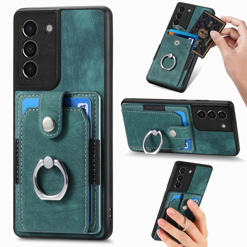 

For Samsung Galaxy S21 5G Retro Skin-feel Ring Card Wallet Phone Case(Green)