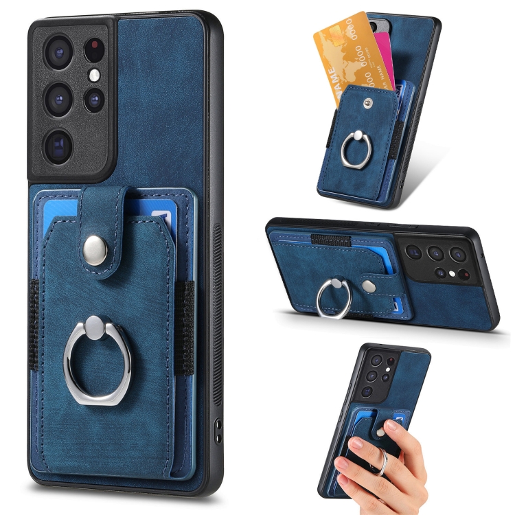 

For Samsung Galaxy S21 Ultra 5G Retro Skin-feel Ring Card Wallet Phone Case(Blue)