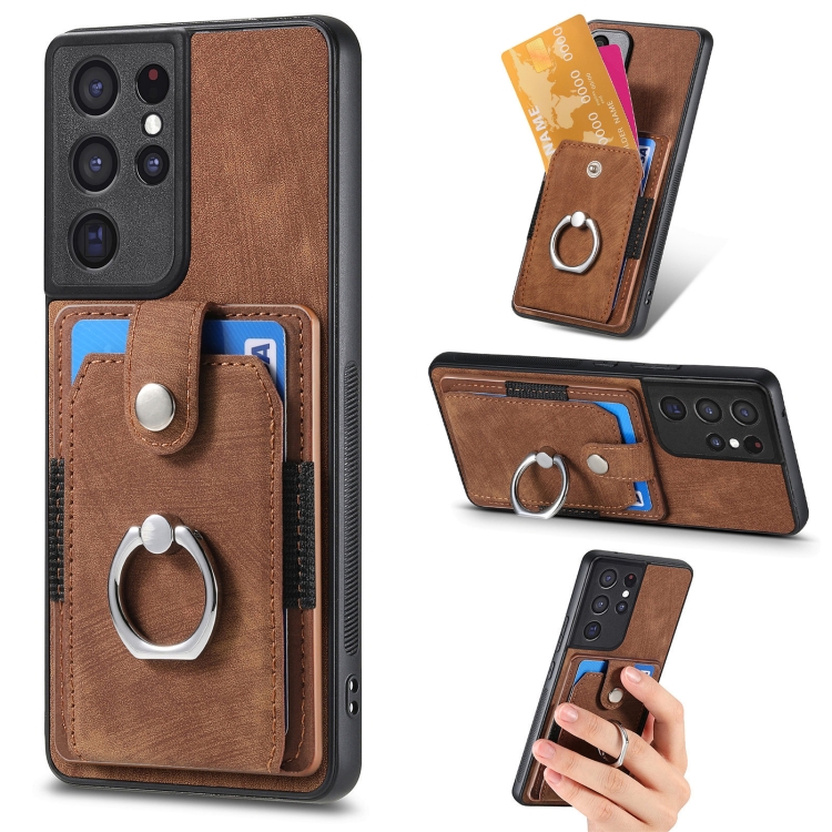 

For Samsung Galaxy S21 Ultra 5G Retro Skin-feel Ring Card Wallet Phone Case(Brown)