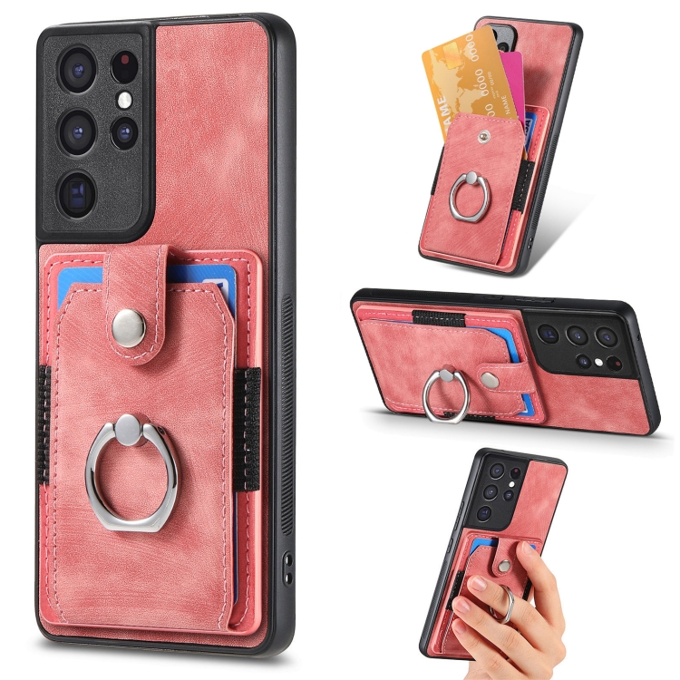 

For Samsung Galaxy S21 Ultra 5G Retro Skin-feel Ring Card Wallet Phone Case(Pink)