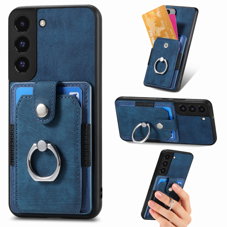 

For Samsung Galaxy S22 5G Retro Skin-feel Ring Card Wallet Phone Case(Blue)