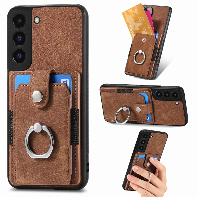 

For Samsung Galaxy S22 5G Retro Skin-feel Ring Card Wallet Phone Case(Brown)