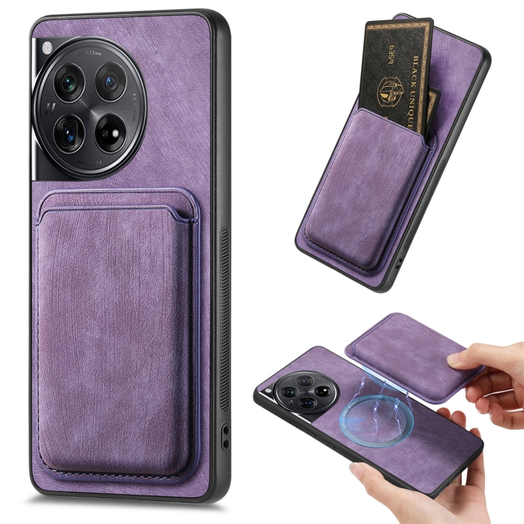 

For OnePlus 12 5G Retro Leather Card Bag Magnetic Phone Case(Purple)