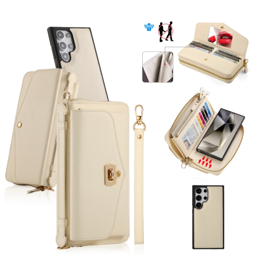 

For Samsung Galaxy S24 5G Crossbody Multi-functional Zipper Wallet Litchi Leather Phone Case(Beige)