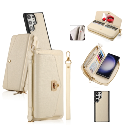 

For Samsung Galaxy S23 Ultra 5G Crossbody Multi-functional Zipper Wallet Litchi Leather Phone Case(Beige)