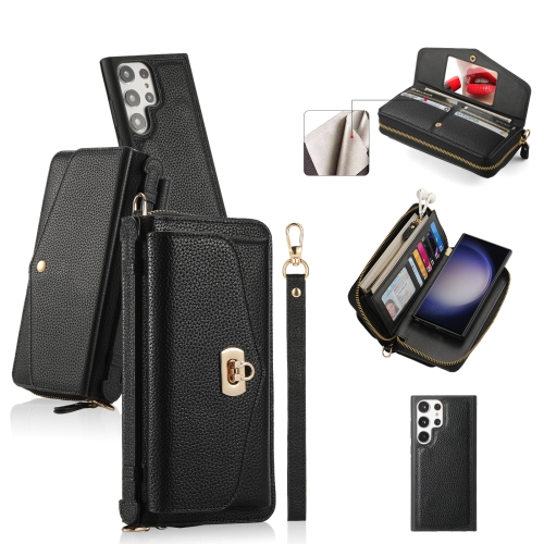 

For Samsung Galaxy S23+ 5G Crossbody Multi-functional Zipper Wallet Litchi Leather Phone Case(Black)
