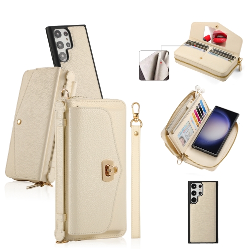 

For Samsung Galaxy S23+ 5G Crossbody Multi-functional Zipper Wallet Litchi Leather Phone Case(Beige)