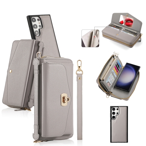

For Samsung Galaxy S23+ 5G Crossbody Multi-functional Zipper Wallet Litchi Leather Phone Case(Grey)