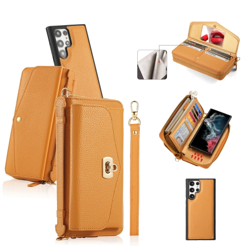 

For Samsung Galaxy S22 Ultra 5G Crossbody Multi-functional Zipper Wallet Litchi Leather Phone Case(Orange)