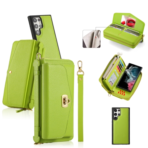 

For Samsung Galaxy S22 Ultra 5G Crossbody Multi-functional Zipper Wallet Litchi Leather Phone Case(Green)