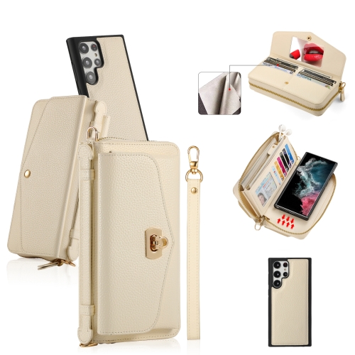 

For Samsung Galaxy S22+ 5G Crossbody Multi-functional Zipper Wallet Litchi Leather Phone Case(Beige)