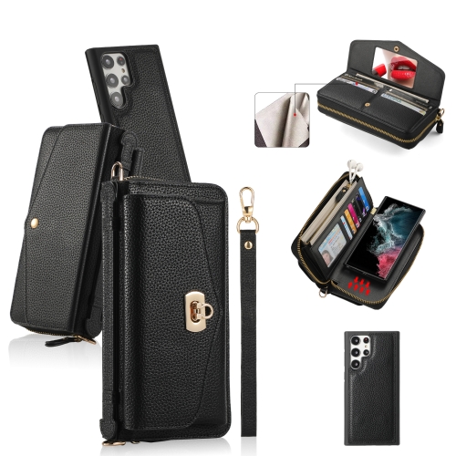 

For Samsung Galaxy S22 5G Crossbody Multi-functional Zipper Wallet Litchi Leather Phone Case(Black)