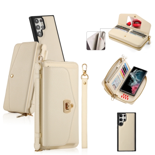 

For Samsung Galaxy S22 5G Crossbody Multi-functional Zipper Wallet Litchi Leather Phone Case(Beige)