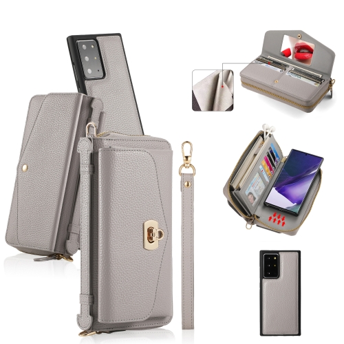 

For Samsung Galaxy Note20 Crossbody Multi-functional Zipper Wallet Litchi Leather Phone Case(Grey)