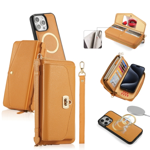 

For iPhone 15 Pro MagSafe Crossbody Multi-functional Zipper Wallet Litchi Leather Phone Case(Orange)
