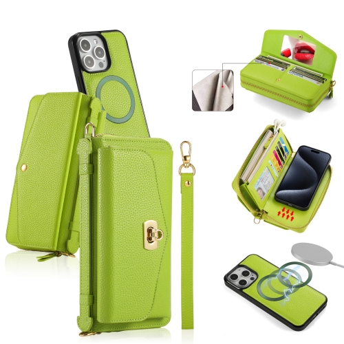 For iPhone 15 Pro MagSafe Crossbody Multi-functional Zipper Wallet Litchi Leather Phone Case(Green) for iphone 14 plus magsafe crossbody multi functional zipper wallet litchi leather phone case white