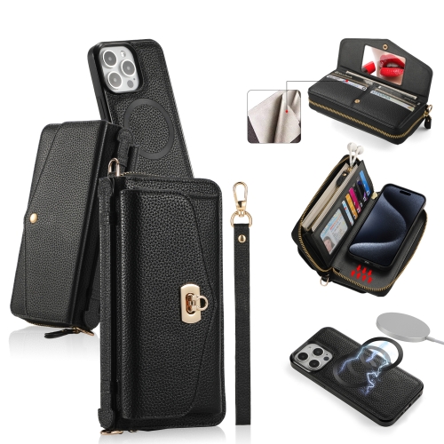 

For iPhone 15 Pro MagSafe Crossbody Multi-functional Zipper Wallet Litchi Leather Phone Case(Black)