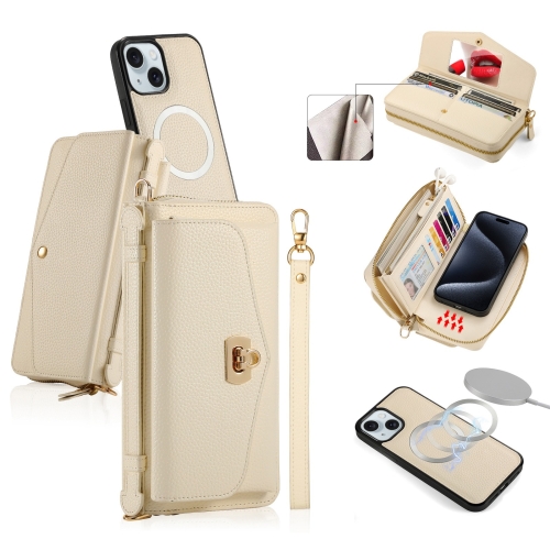 

For iPhone 15 Plus MagSafe Crossbody Multi-functional Zipper Wallet Litchi Leather Phone Case(White)