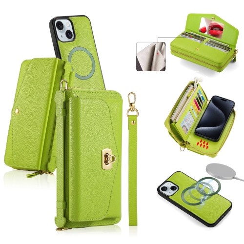 

For iPhone 15 Plus MagSafe Crossbody Multi-functional Zipper Wallet Litchi Leather Phone Case(Green)