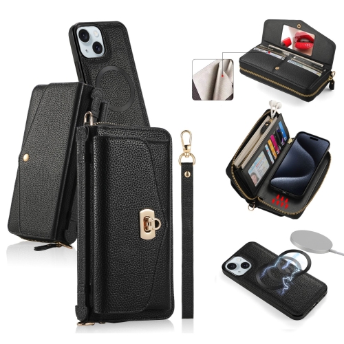 

For iPhone 15 Plus MagSafe Crossbody Multi-functional Zipper Wallet Litchi Leather Phone Case(Black)