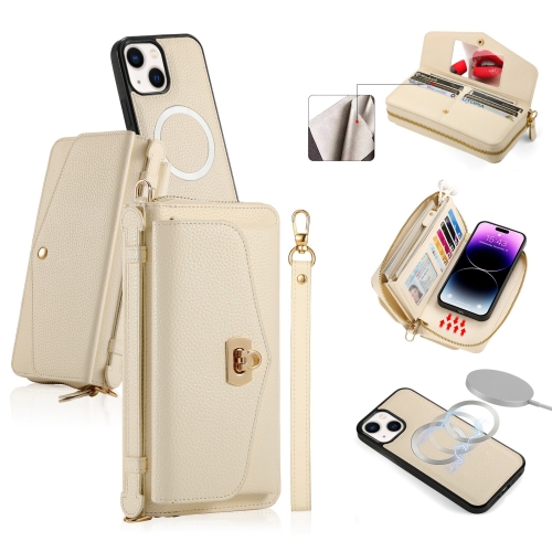 For iPhone 14 Plus MagSafe Crossbody Multi-functional Zipper Wallet Litchi Leather Phone Case(White)