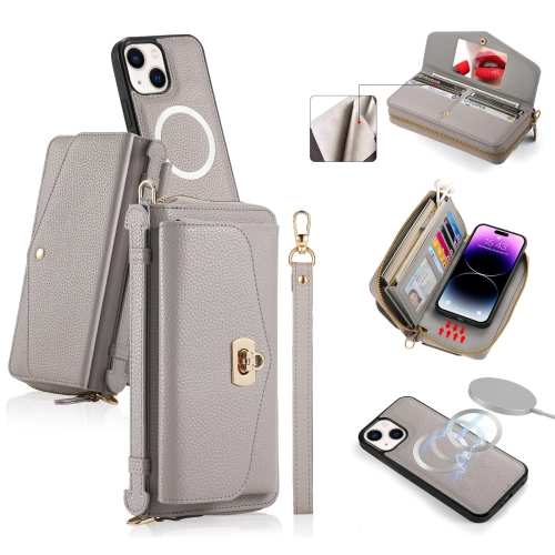 

For iPhone 14 Plus MagSafe Crossbody Multi-functional Zipper Wallet Litchi Leather Phone Case(Grey)