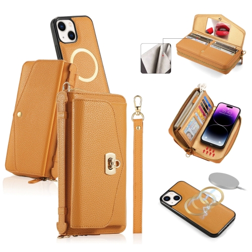 For iPhone 14 MagSafe Crossbody Multi-functional Zipper Wallet Litchi Leather Phone Case(Orange) for iphone 14 pro magsafe crossbody multi functional zipper wallet litchi leather phone case white