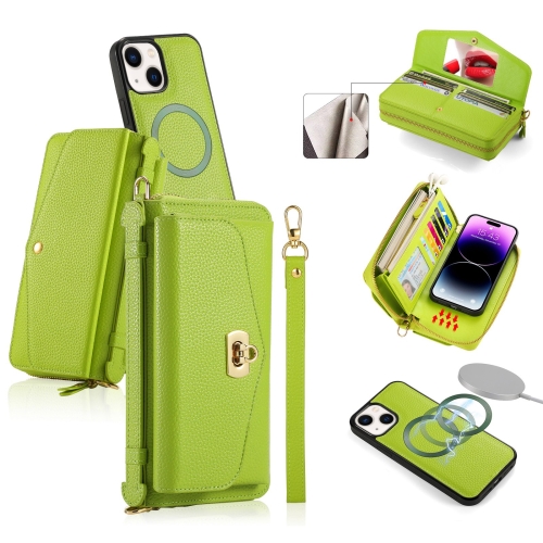 

For iPhone 14 MagSafe Crossbody Multi-functional Zipper Wallet Litchi Leather Phone Case(Green)