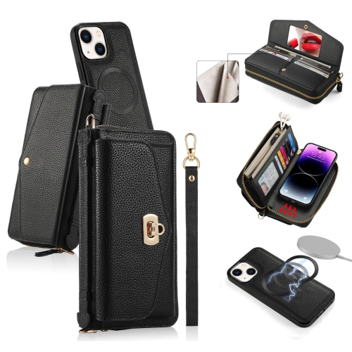 

For iPhone 14 MagSafe Crossbody Multi-functional Zipper Wallet Litchi Leather Phone Case(Black)