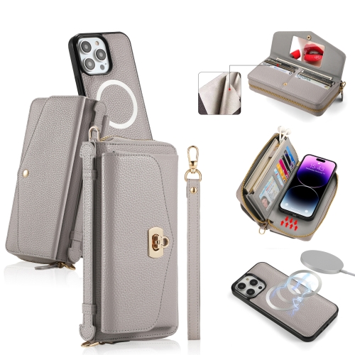 

For iPhone 14 Pro MagSafe Crossbody Multi-functional Zipper Wallet Litchi Leather Phone Case(Grey)