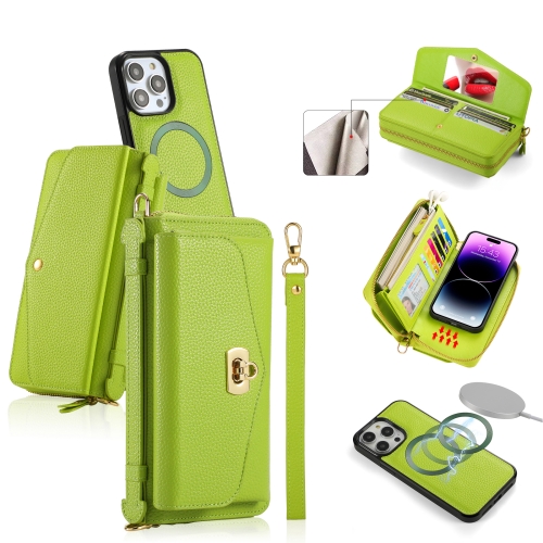 

For iPhone 14 Pro Max MagSafe Crossbody Multi-functional Zipper Wallet Litchi Leather Phone Case(Green)