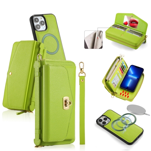For iPhone 13 Pro Max MagSafe Crossbody Multi-functional Zipper Wallet Litchi Leather Phone Case(Green)
