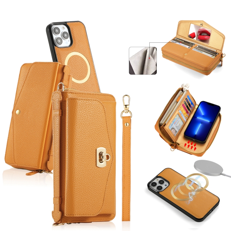

For iPhone 13 Pro MagSafe Crossbody Multi-functional Zipper Wallet Litchi Leather Phone Case(Orange)