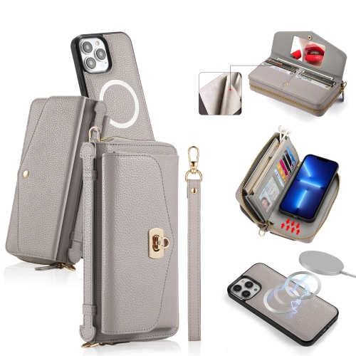 

For iPhone 13 Pro MagSafe Crossbody Multi-functional Zipper Wallet Litchi Leather Phone Case(Grey)