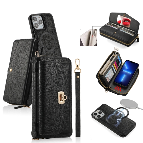 

For iPhone 13 Pro MagSafe Crossbody Multi-functional Zipper Wallet Litchi Leather Phone Case(Black)