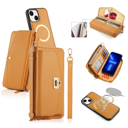 

For iPhone 13 MagSafe Crossbody Multi-functional Zipper Wallet Litchi Leather Phone Case(Orange)