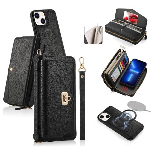 For iPhone 13 MagSafe Crossbody Multi-functional Zipper Wallet Litchi Leather Phone Case(Black)