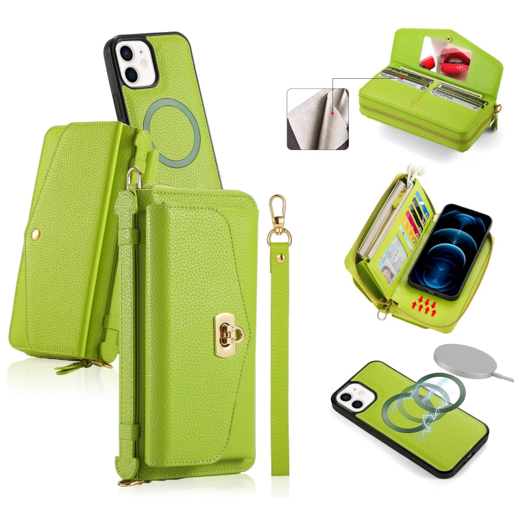 

For iPhone 12 MagSafe Crossbody Multi-functional Zipper Wallet Litchi Leather Phone Case(Green)
