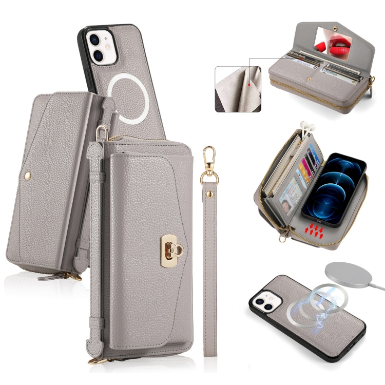 

For iPhone 12 MagSafe Crossbody Multi-functional Zipper Wallet Litchi Leather Phone Case(Grey)