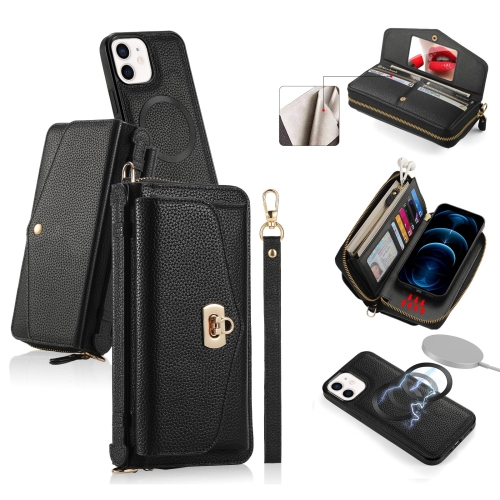 

For iPhone 12 MagSafe Crossbody Multi-functional Zipper Wallet Litchi Leather Phone Case(Black)