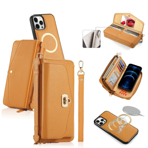 

For iPhone 12 Pro Max MagSafe Crossbody Multi-functional Zipper Wallet Litchi Leather Phone Case(Orange)