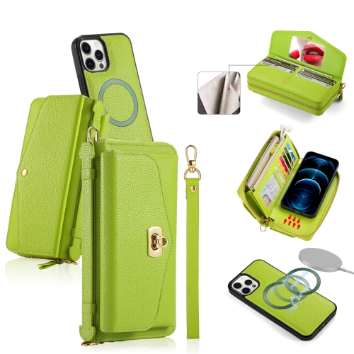 For iPhone 12 Pro Max MagSafe Crossbody Multi-functional Zipper Wallet Litchi Leather Phone Case(Green)