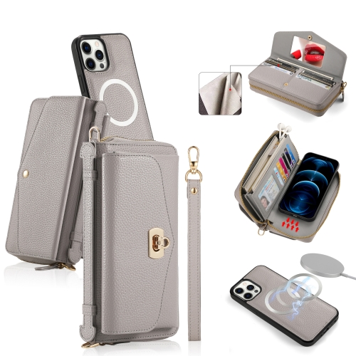 

For iPhone 12 Pro MagSafe Crossbody Multi-functional Zipper Wallet Litchi Leather Phone Case(Grey)