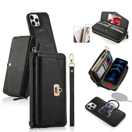

For iPhone 12 Pro MagSafe Crossbody Multi-functional Zipper Wallet Litchi Leather Phone Case(Black)