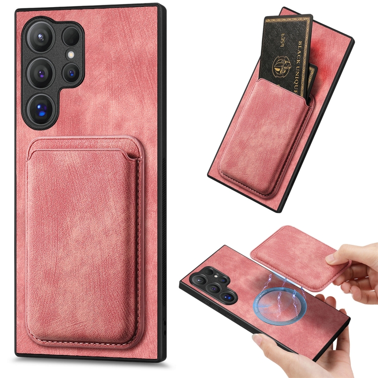 

For Samsung Galaxy S25 Ultra 5G Retro Leather Card Bag Magnetic Phone Case(Pink)