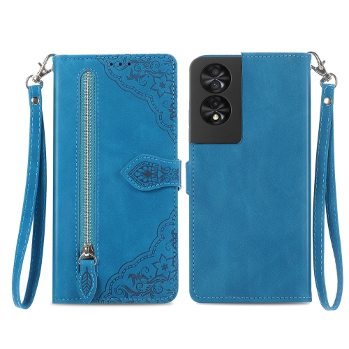 

For TCL 40 NXTpaper 4G Embossed Flower Zipper Leather Phone Case(Blue)