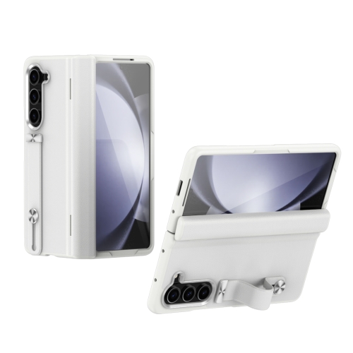 

For Samsung Galaxy Z Fold5 5G Wristband Holder Grain Leather Folding Phone Case(White)