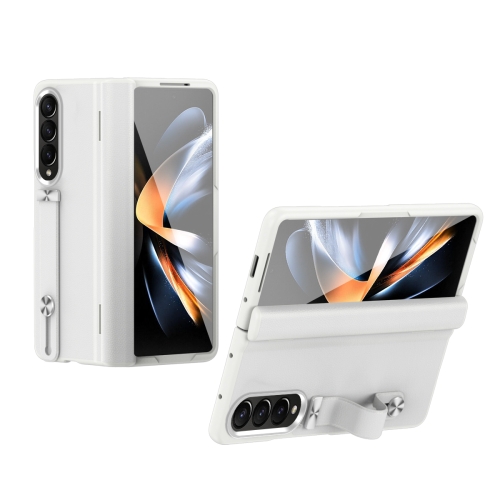 

For Samsung Galaxy Z Fold4 Wristband Holder Grain Leather Folding Phone Case(White)